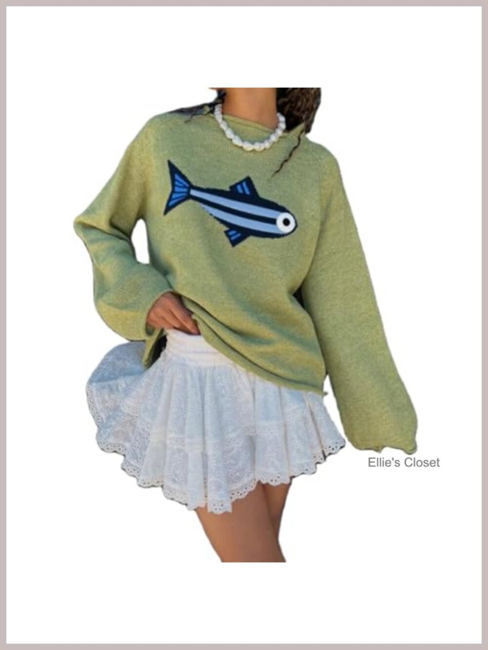 Women Rib Knit Oversized Fish Graphic Sweater Vintage Pullover